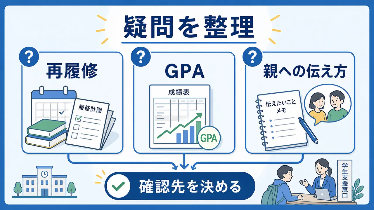 大学生が単位、再履修、GPA、親への伝え方の疑問を整理する図