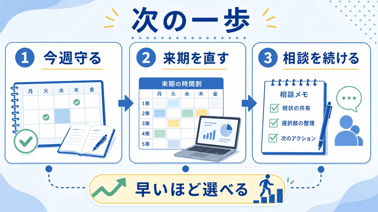 大学生が今週守る科目、来期の履修、相談継続を次の一歩として整理する図