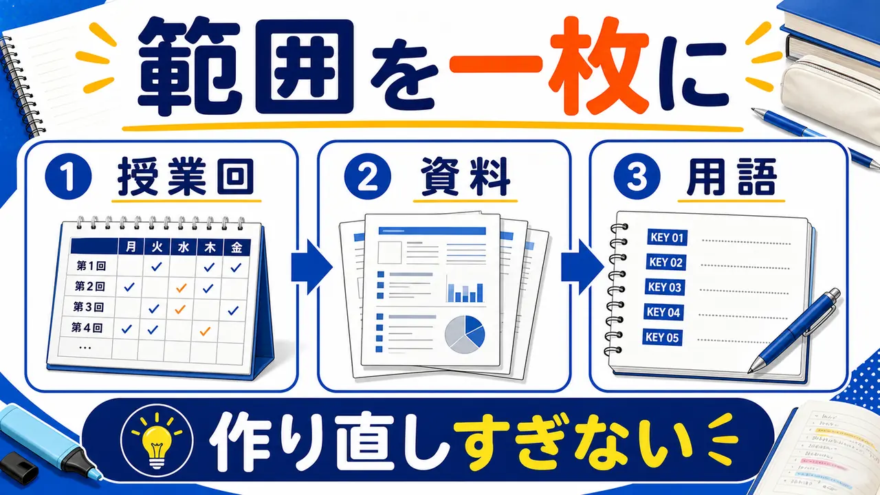 大学試験前に範囲と資料を一枚に整理する図