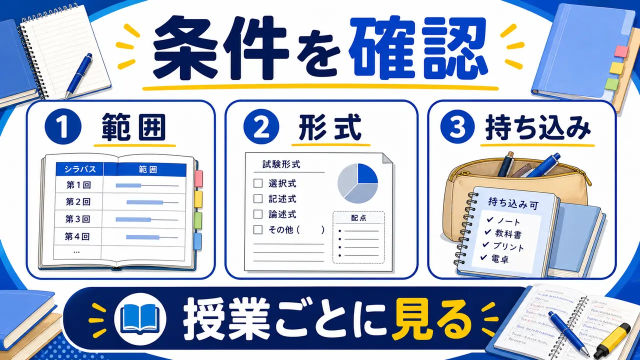 試験範囲、資料、持ち込み、評価方法を確認する図