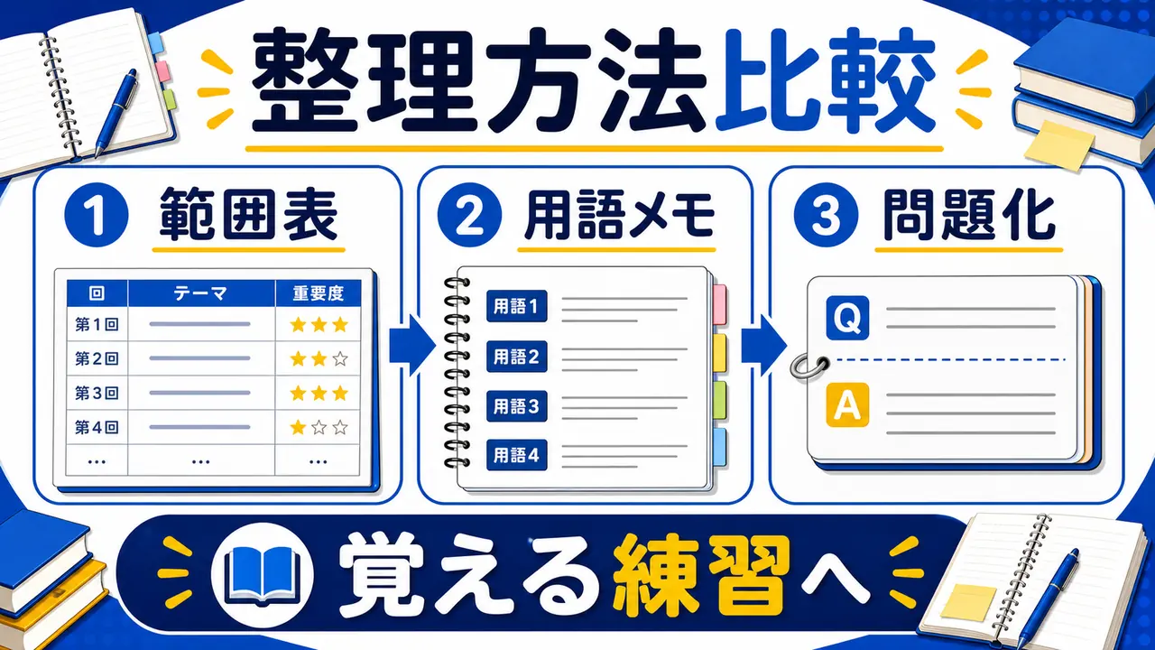 範囲表、用語メモ、問題化、質問リストを比較する図