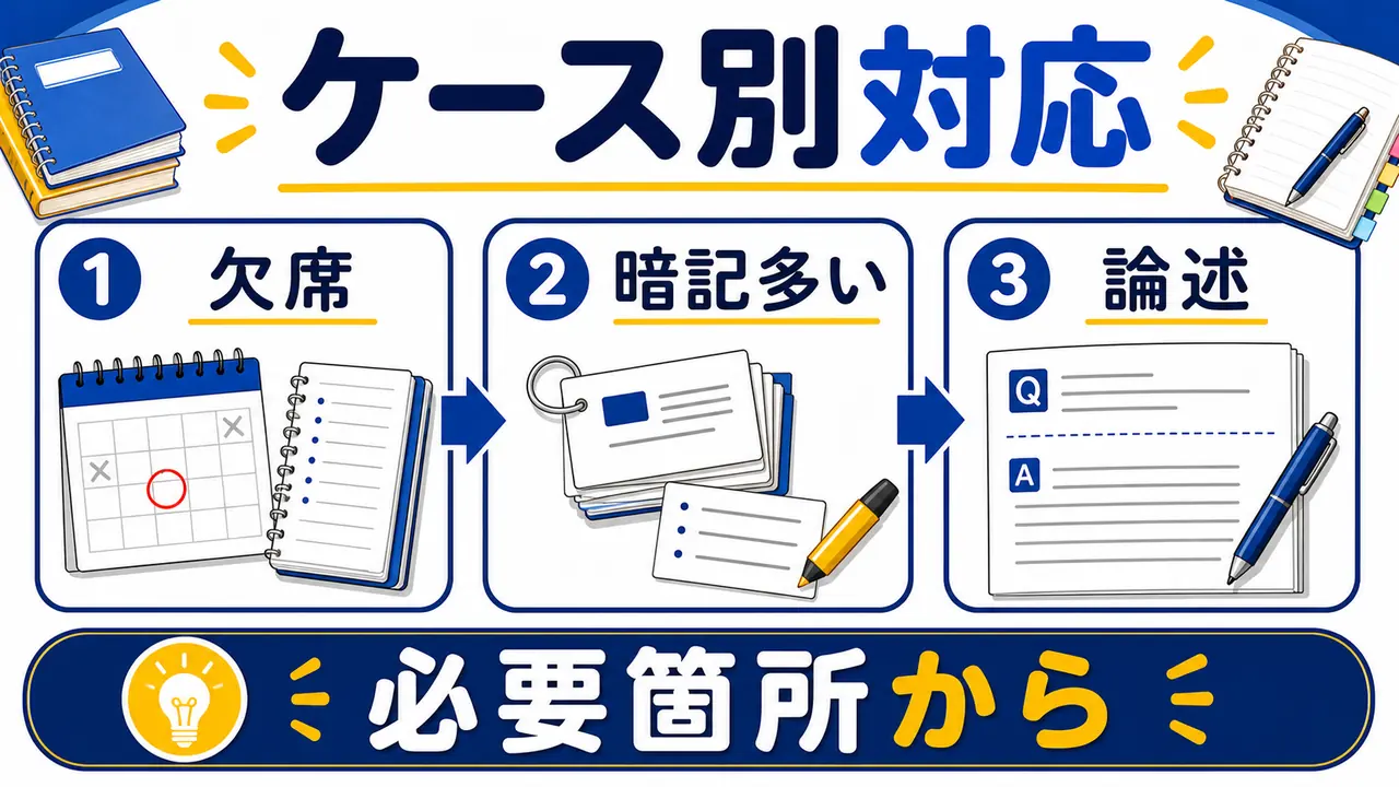 欠席、資料不足、暗記多い、論述試験のケース図