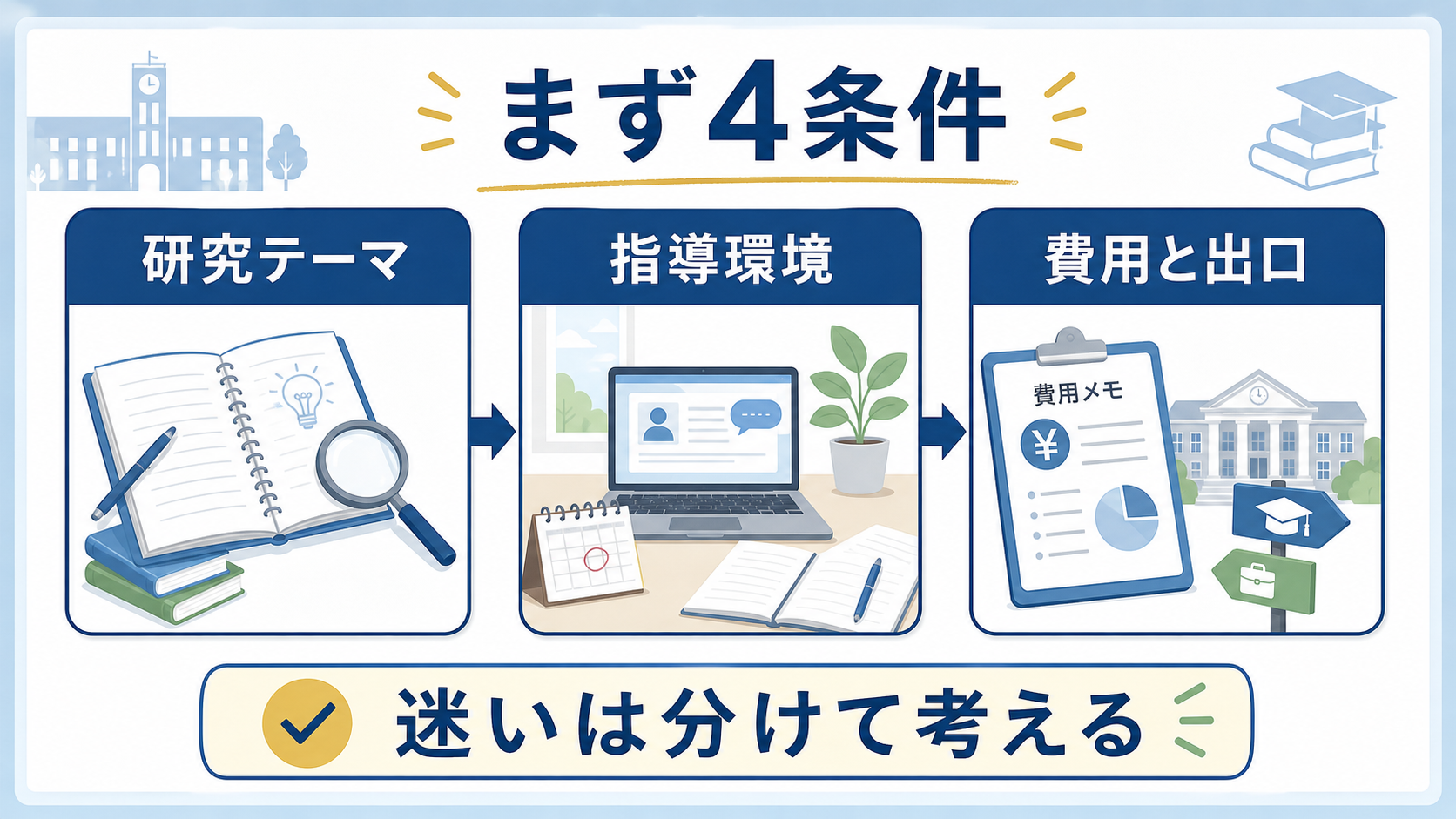 大学院進学で研究テーマ、指導環境、費用と出口の4条件を確認する図