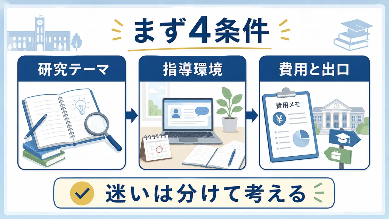 大学院進学で研究テーマ、指導環境、費用と出口の4条件を確認する図