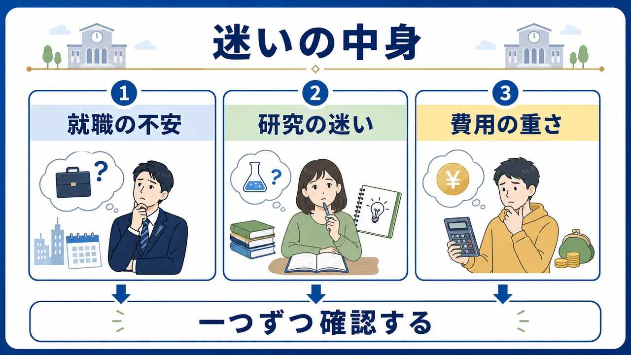 大学院進学の迷いを就職不安、研究の迷い、費用負担に分ける図
