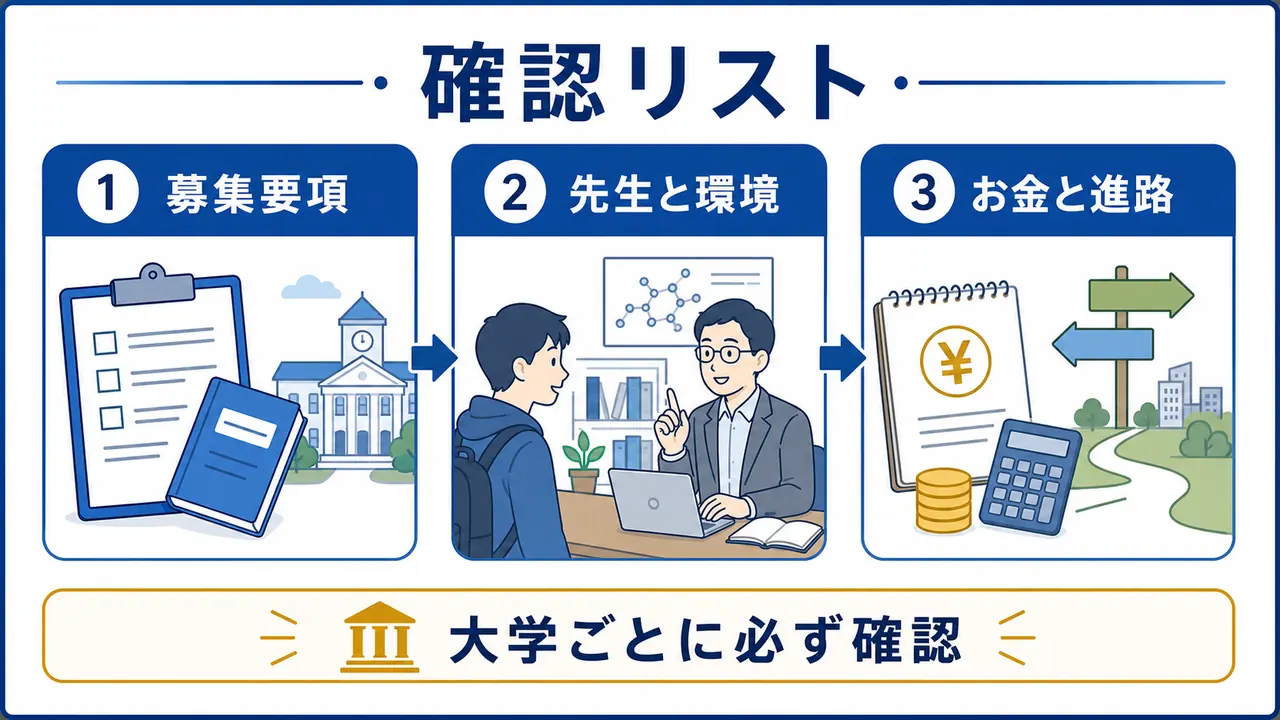 大学院進学前に募集要項、先生と環境、お金と進路を確認する図