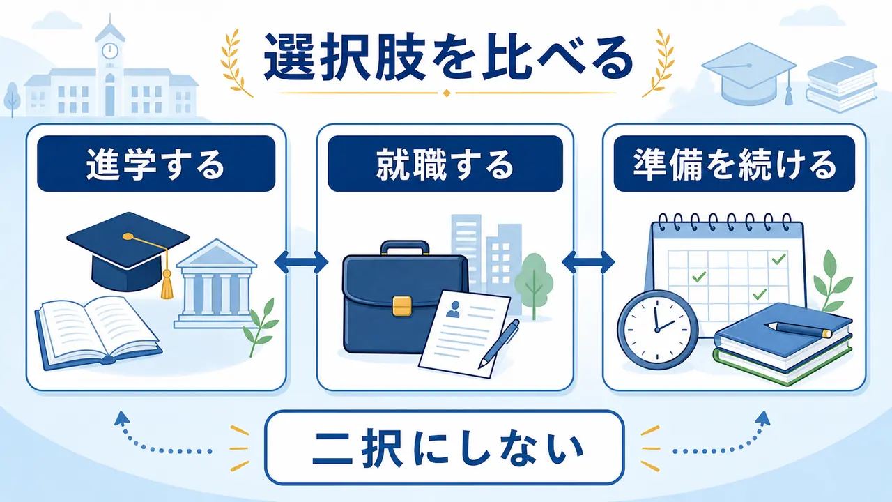 大学院進学、就職、準備継続の選択肢を比べる図