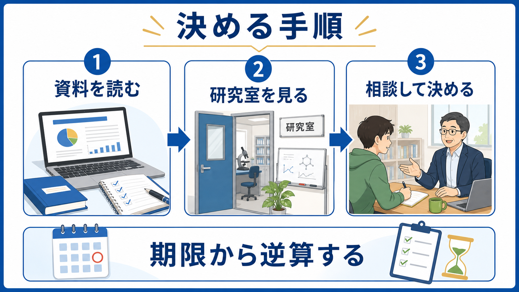大学院進学を決めるために資料を読み、研究室を見て、相談する手順を示す図