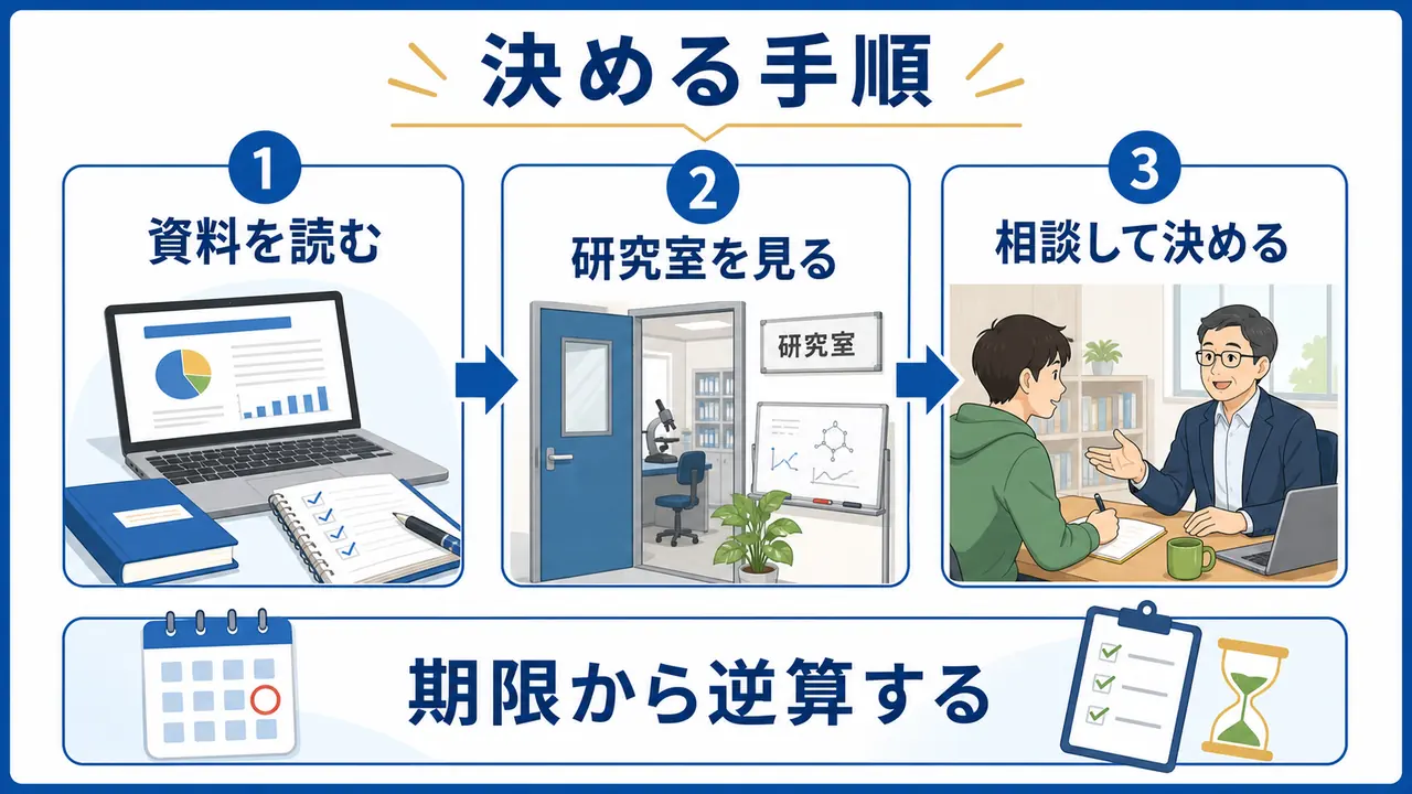 大学院進学を決めるために資料を読み、研究室を見て、相談する手順を示す図