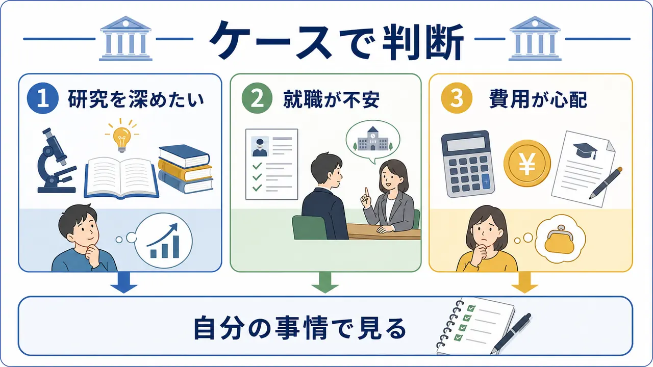 研究を深めたい、就職が不安、費用が心配なケース別に大学院進学を判断する図
