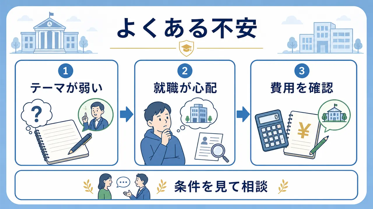 大学院進学でテーマ、就職、費用のよくある不安を整理する図