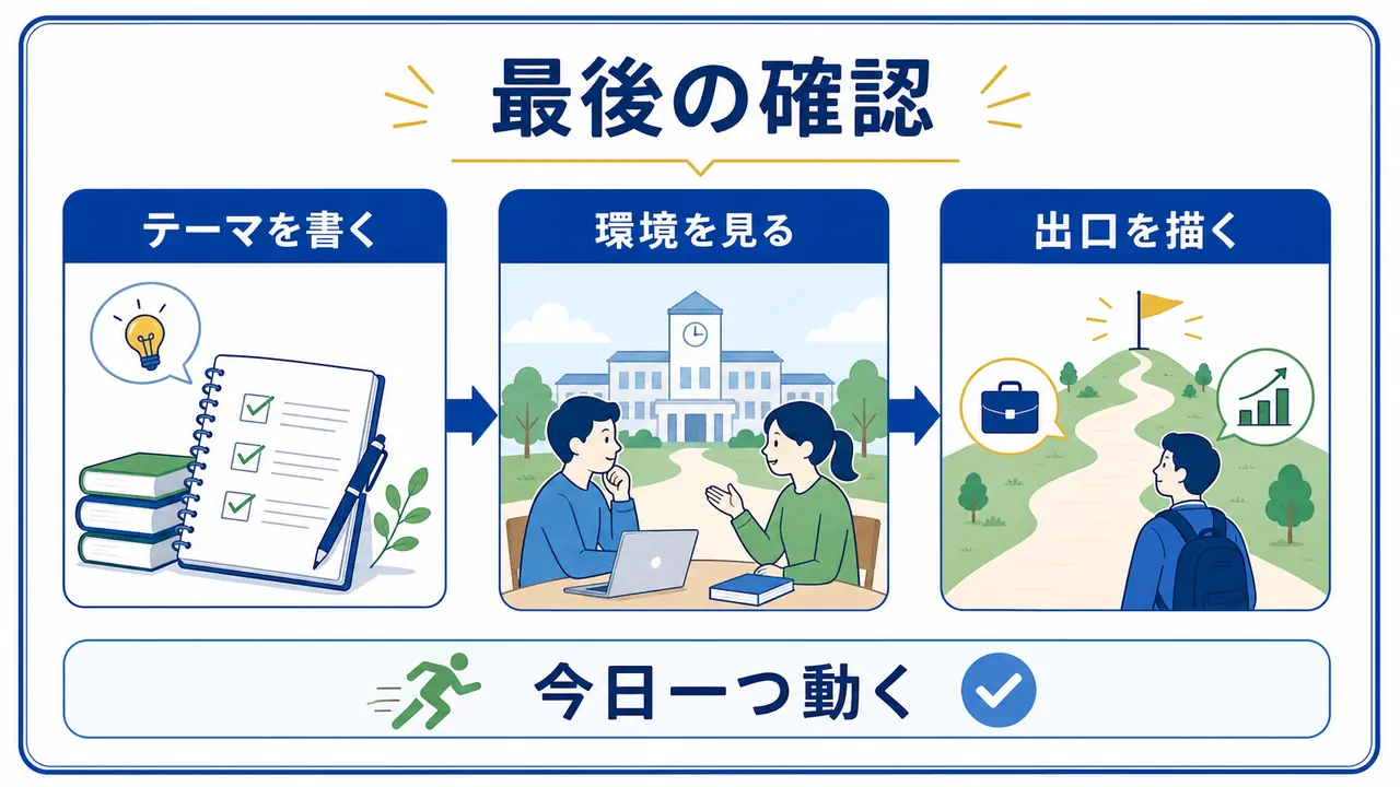 大学院進学でテーマ、環境、出口を最後に確認する図