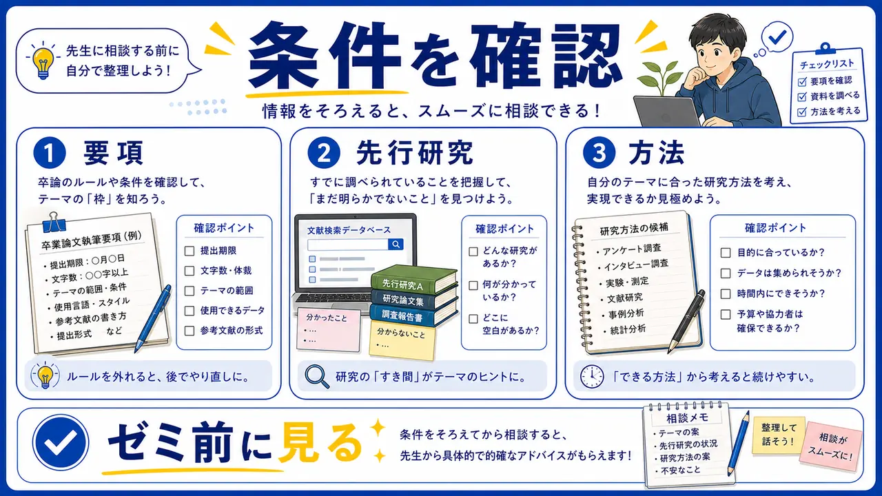 先行研究、資料、方法、要項を確認する図
