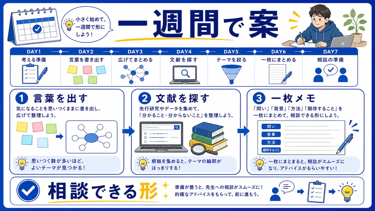 卒論テーマ案を一週間で作るステップ図