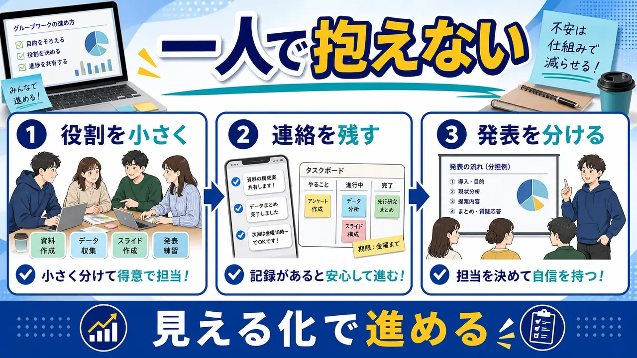 グループワークの役割を小さく分け、連絡を残し、発表を分担する図