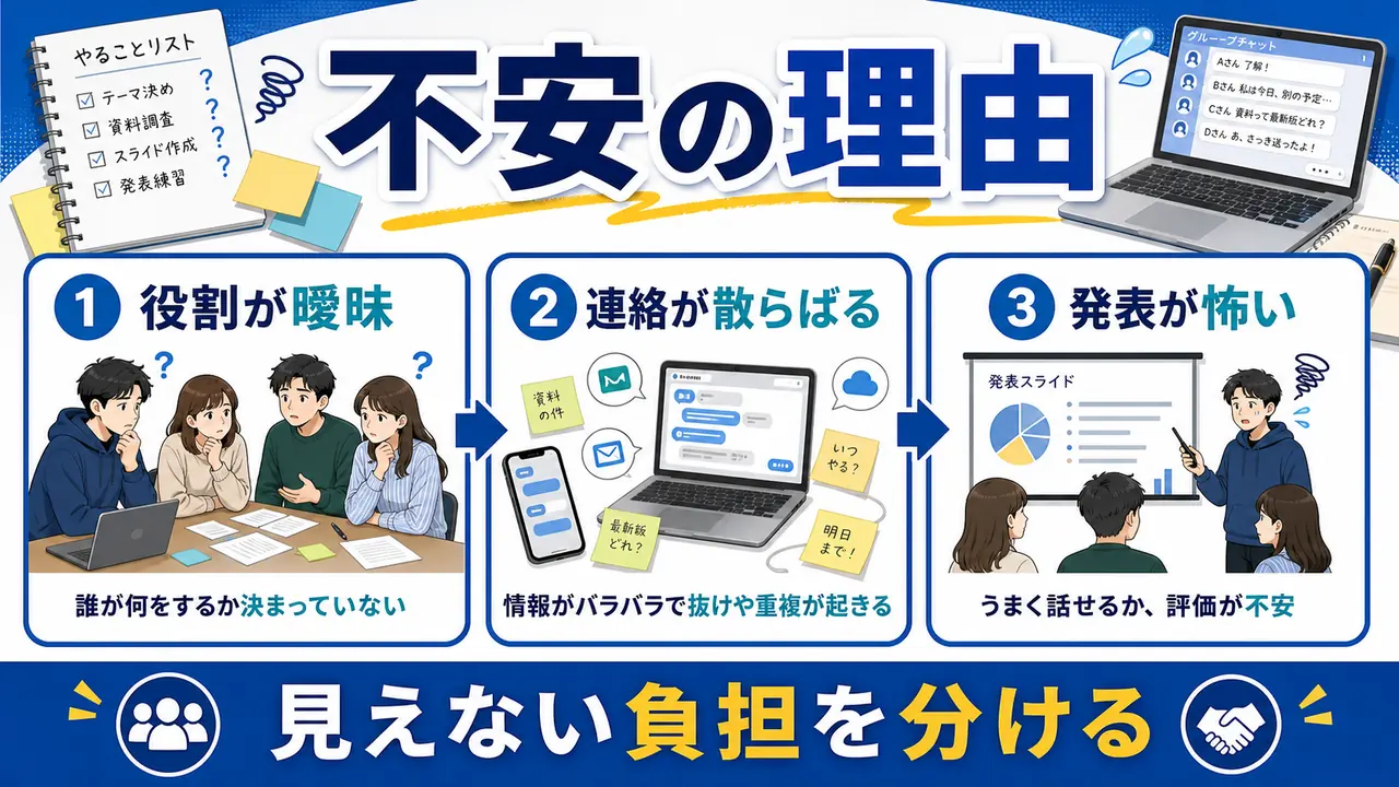 役割が曖昧、連絡が散らばる、発表が怖いことが不安につながる図