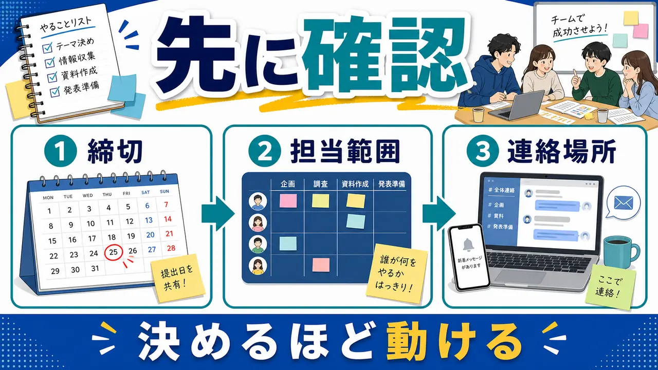 締切、担当範囲、連絡場所を確認してグループワークを始める図