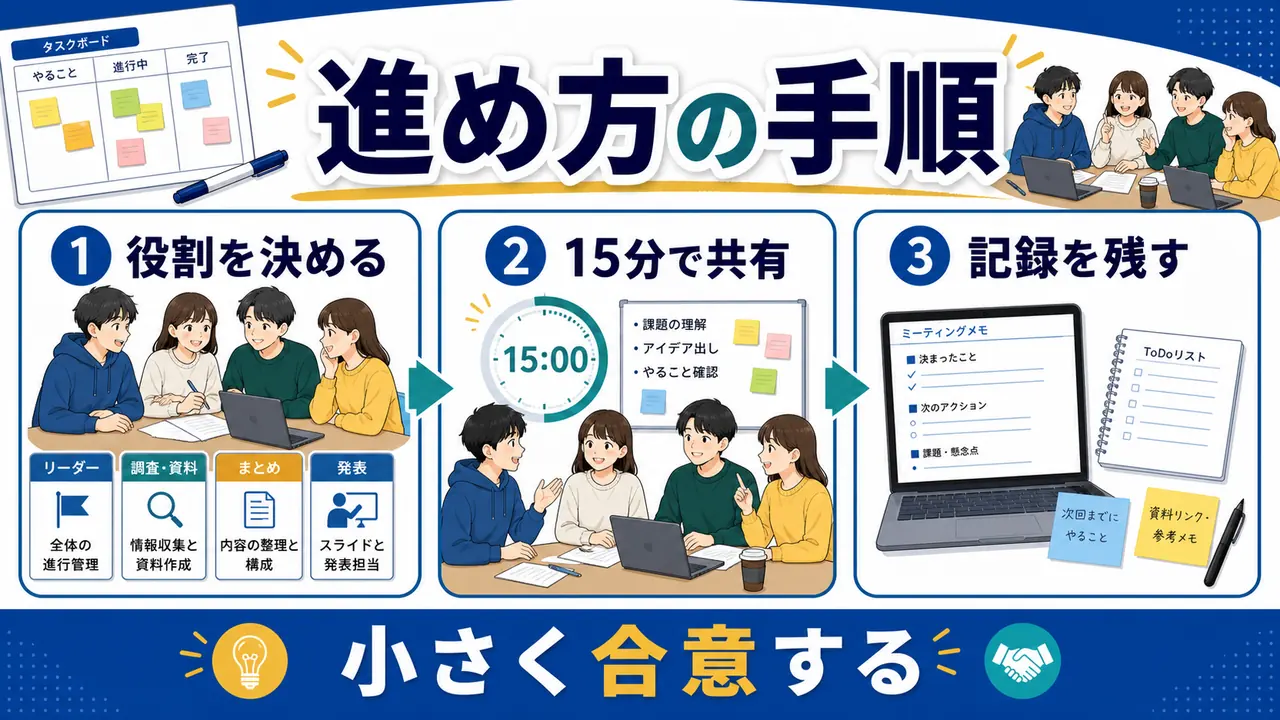 役割を決め、短く共有し、記録を残すグループワークの手順の図