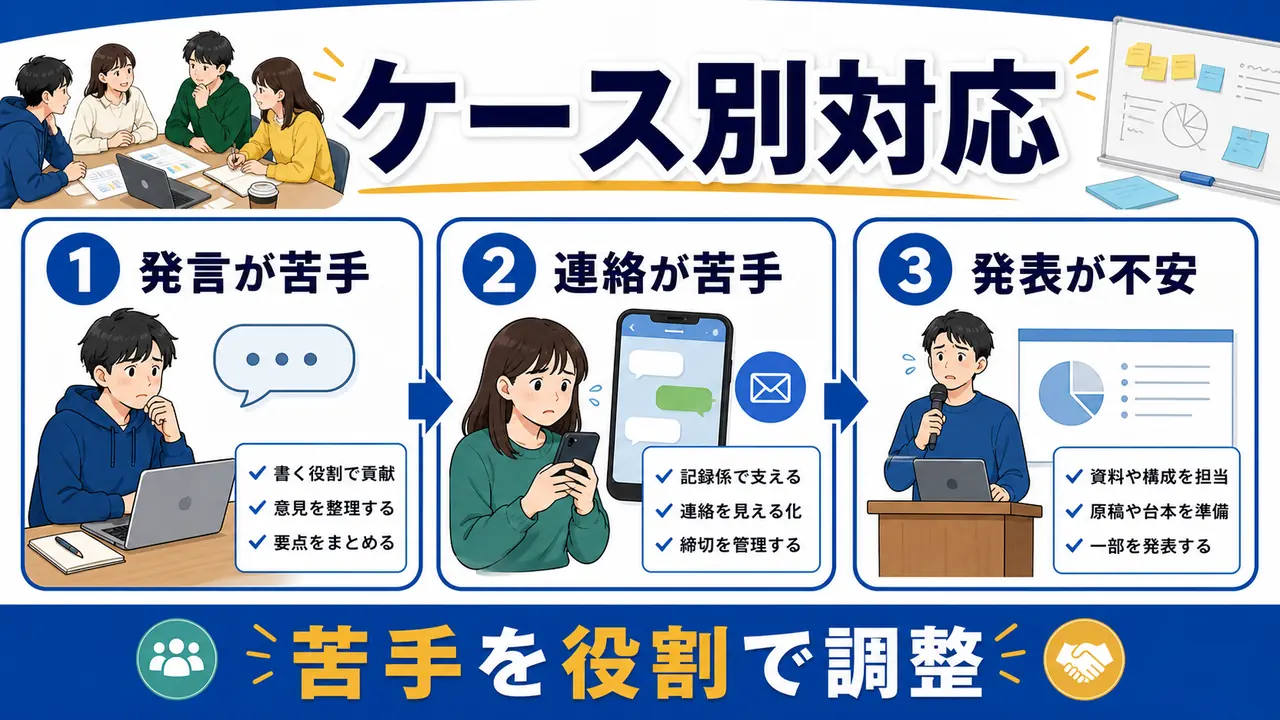 発言が苦手、連絡が苦手、発表が不安な大学生の対応を分ける図