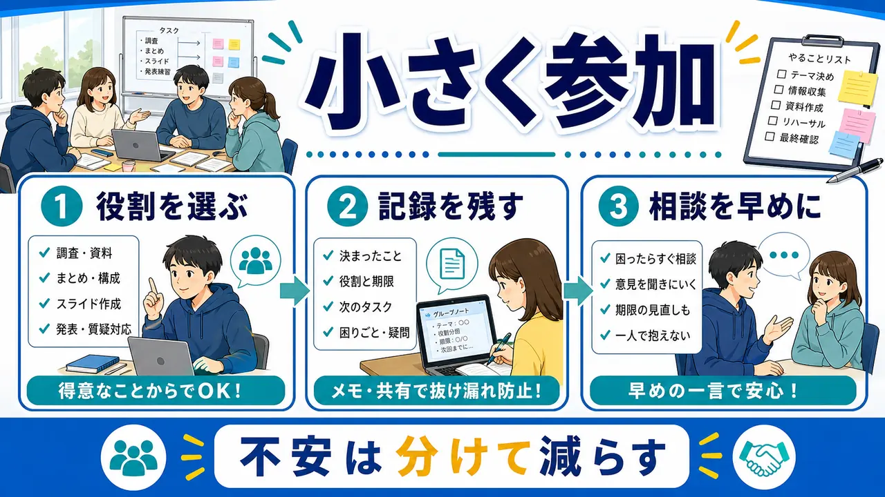 役割を選び、記録を残し、早めに相談してグループワークの不安を減らす図