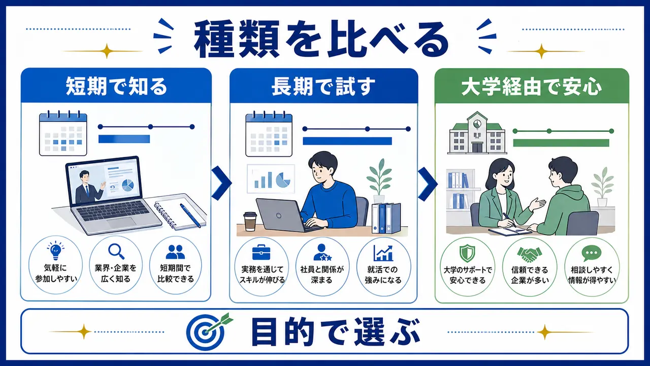 短期、長期、大学経由のインターンを目的別に比べる図