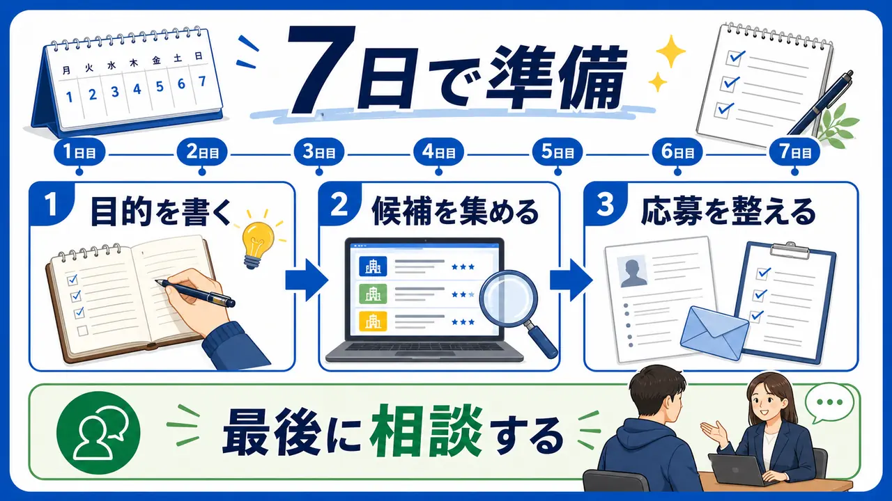 7日間でインターンの目的、候補、応募準備を整える手順図