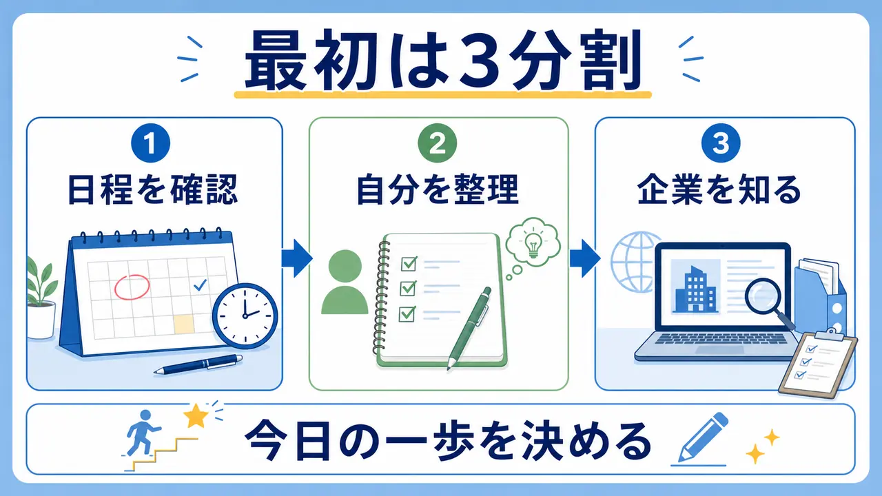 大学生が就活の最初の不安を、日程確認、自己整理、企業を知る行動に分ける図