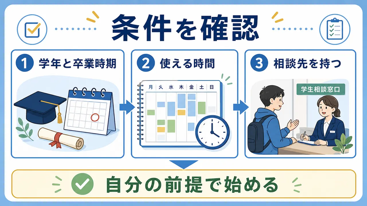 大学生が就活前に学年、卒業時期、使える時間、相談先を確認するチェックリストの図