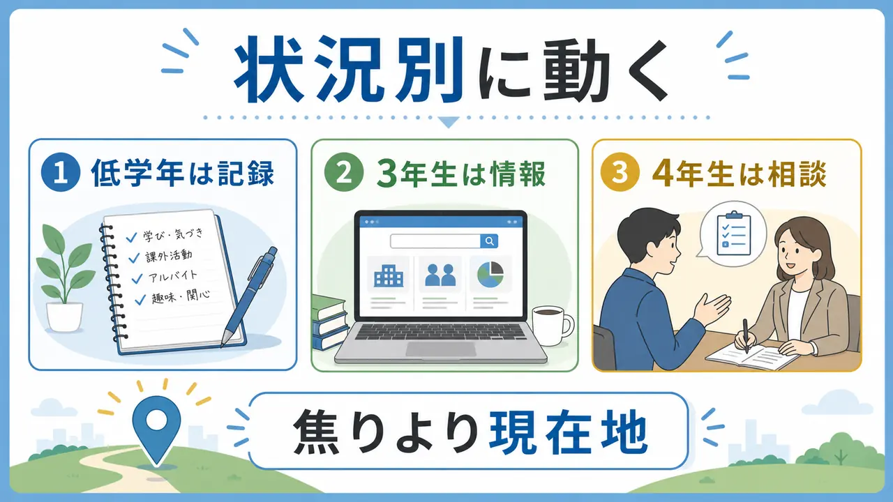 大学1・2年生、3年生、4年生、やりたいことがない大学生の就活準備を分ける図