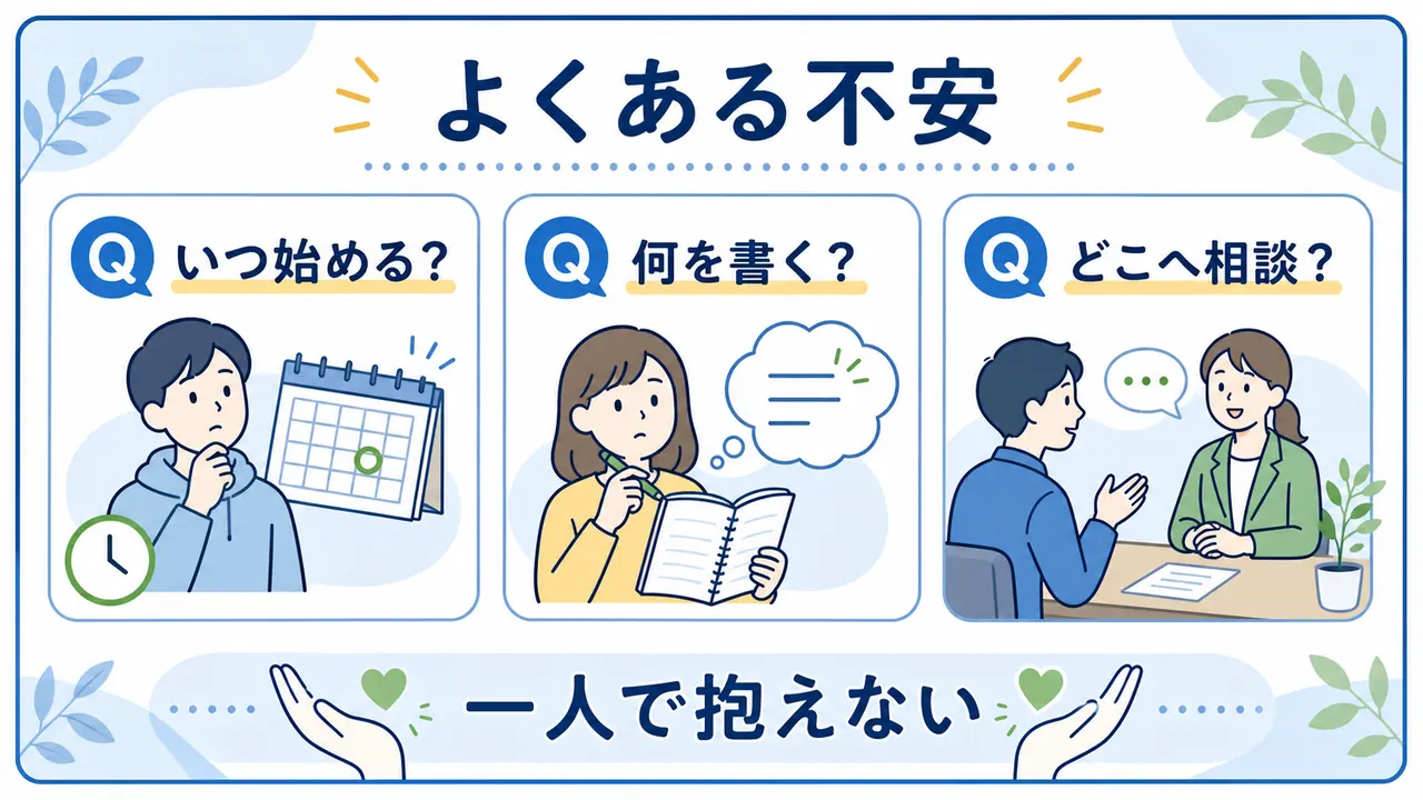 大学生の就活で、開始時期、自己分析、インターン、相談先の疑問を整理する図