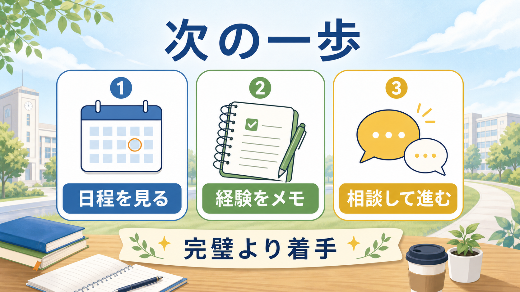 大学生が就活の不安を、日程確認、経験メモ、相談の次の一歩に分ける図