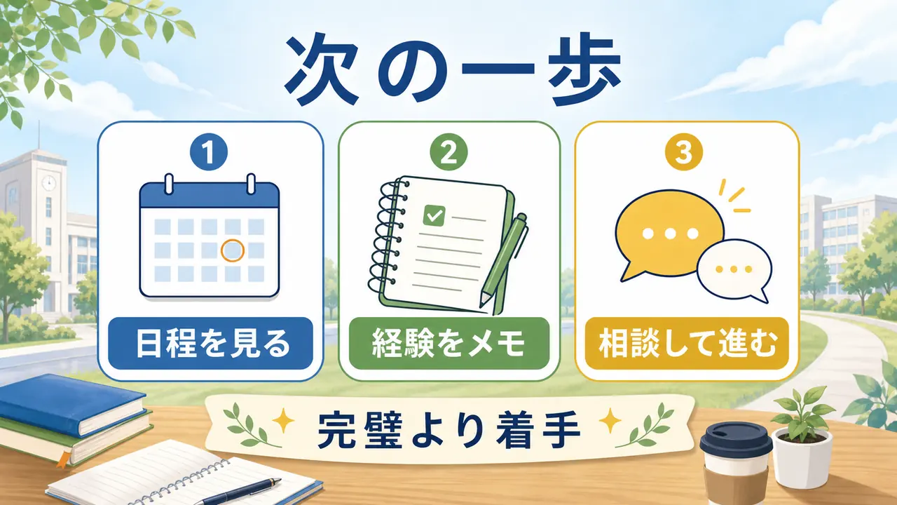 大学生が就活の不安を、日程確認、経験メモ、相談の次の一歩に分ける図