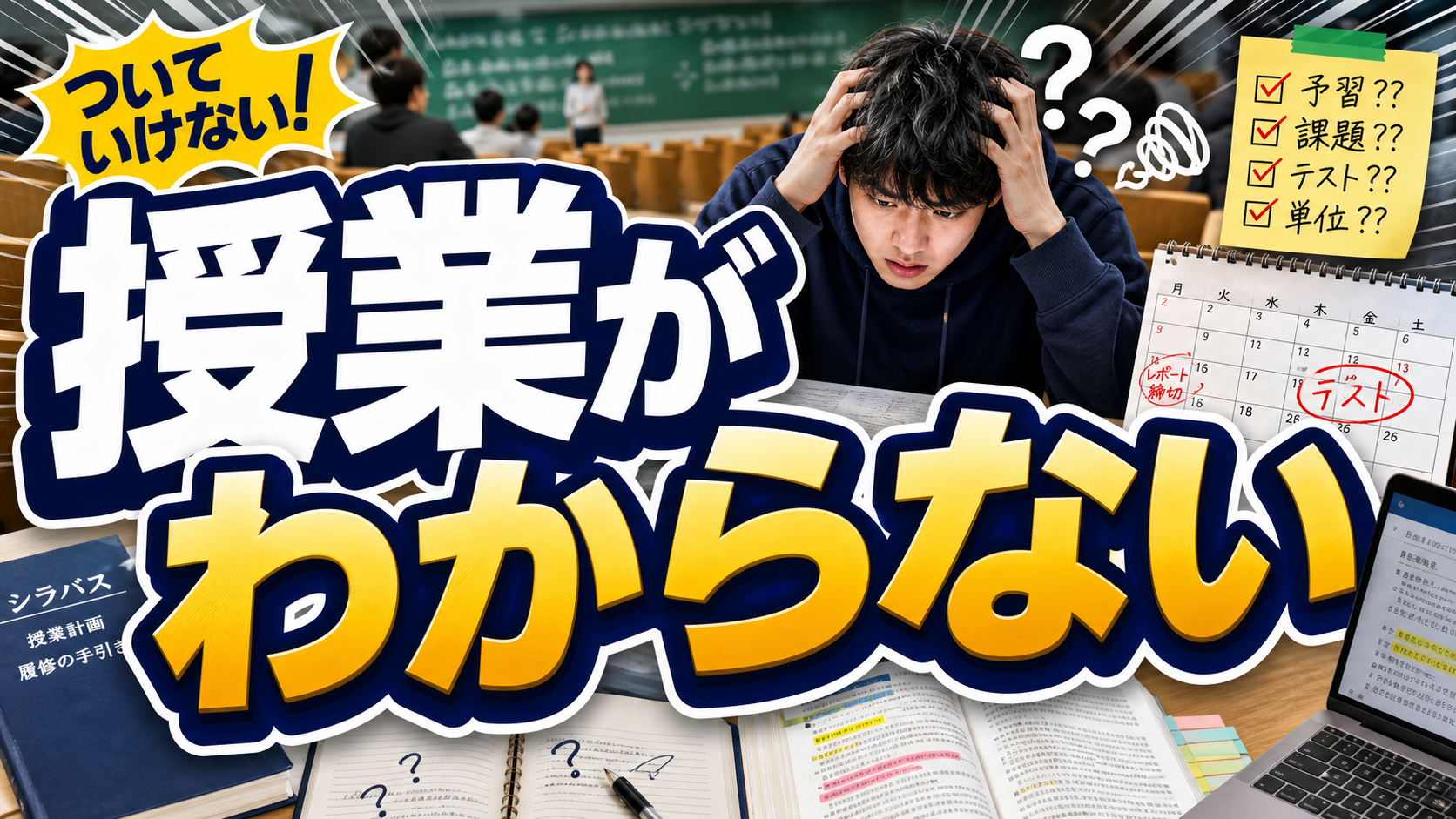 大学生が講義ノートやシラバスを見直し、授業についていけない不安を整理するアイキャッチ画像
