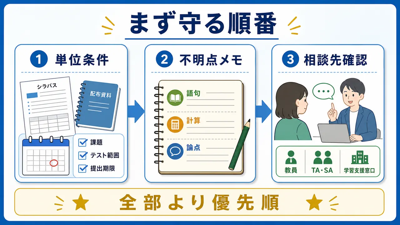 大学の授業についていけないときに単位条件、不明点メモ、相談先を順番に確認する図
