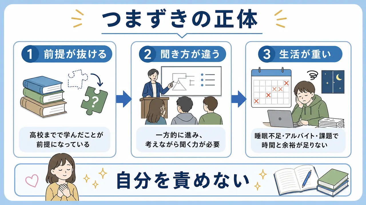 大学の講義で前提知識、聞き方、生活負荷が重なってつまずく理由を整理する図
