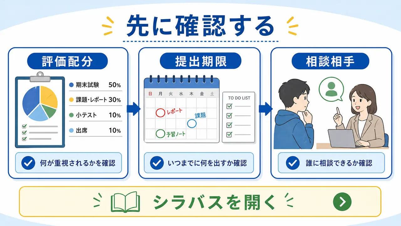 大学の授業で成績評価、提出期限、相談相手を先に確認する図