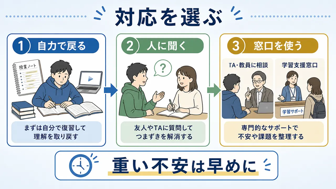 大学の講義で自力復習、人に聞く、学習支援を使う対応を比較する図
