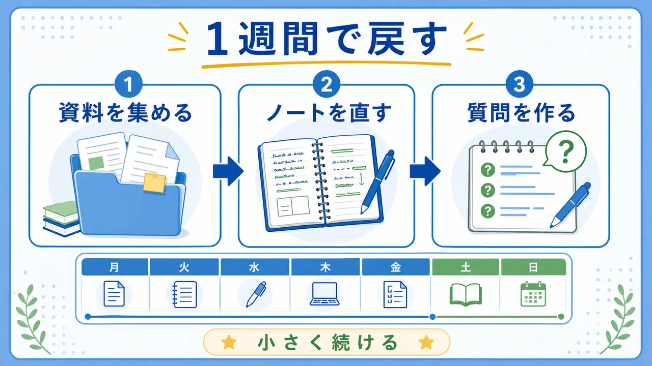 大学の講義を1週間で資料集め、ノート整理、質問作成に分けて立て直す図