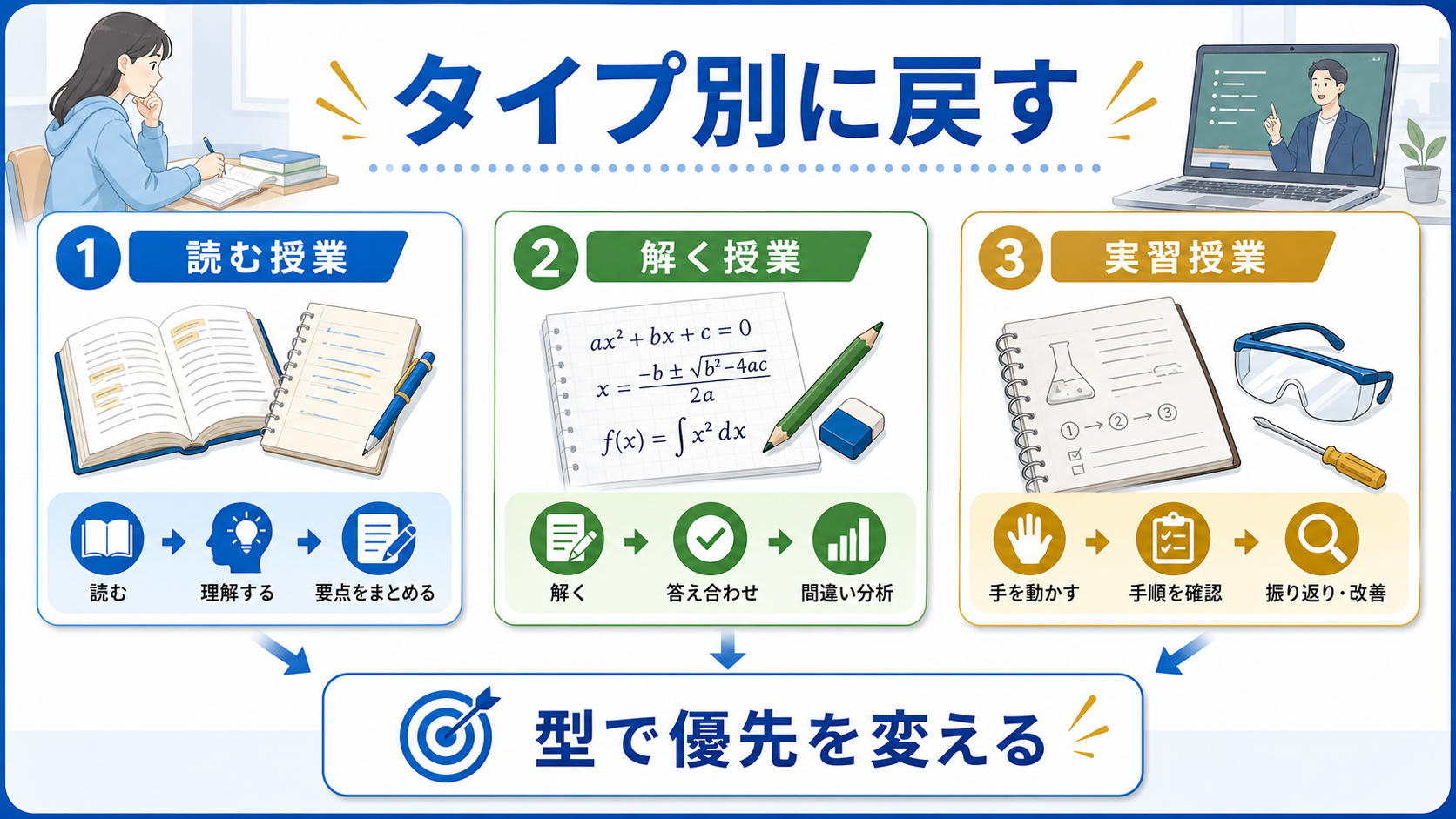 読む授業、解く授業、実習授業で大学の講義の戻り方を変える図