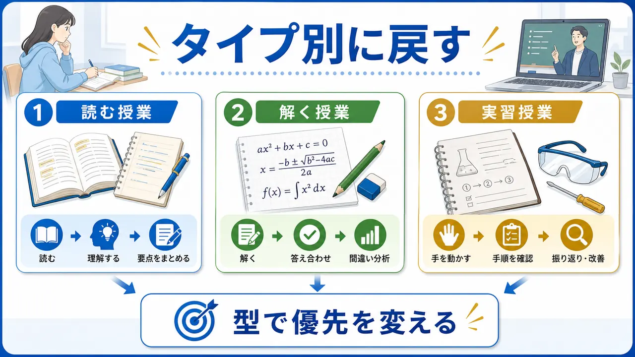 読む授業、解く授業、実習授業で大学の講義の戻り方を変える図