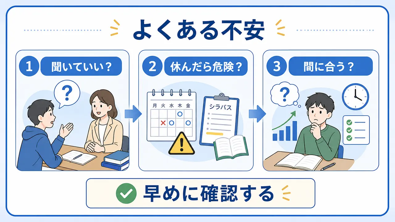 大学の授業がわからないときの質問、欠席、間に合うかの不安を整理する図