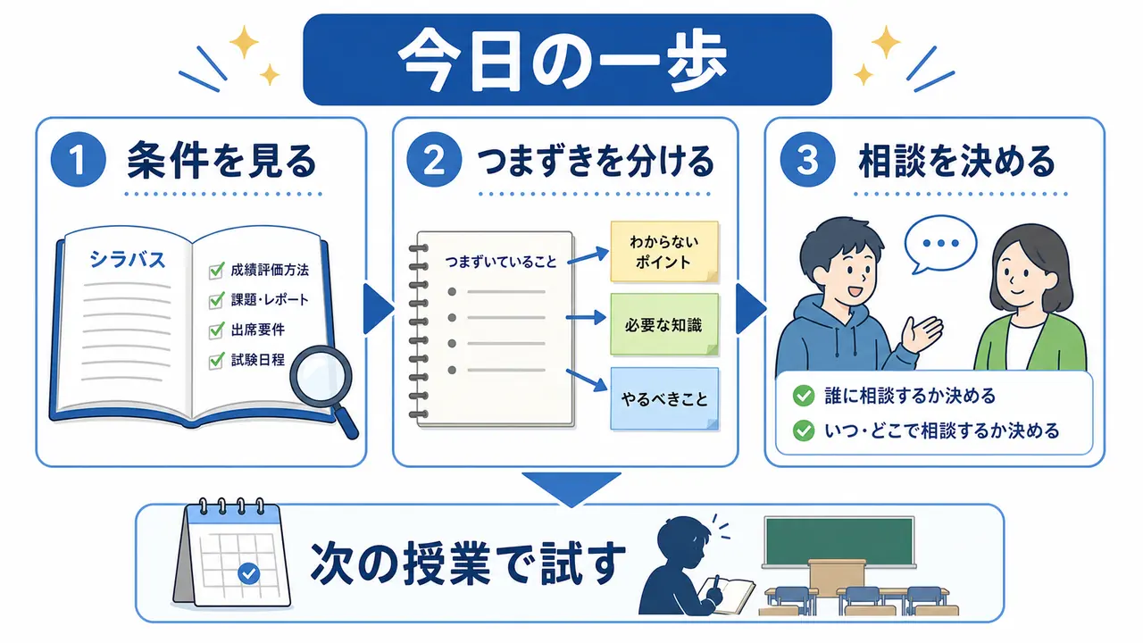 大学の授業についていけないときに条件、つまずき、相談を整えて今日の一歩を決める図