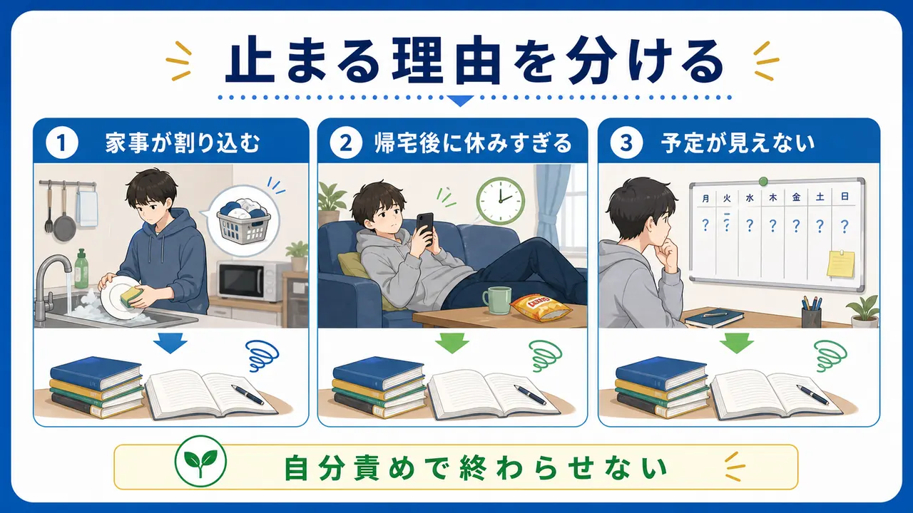一人暮らしで勉強が止まる理由を家事、休憩、予定の見えにくさに分ける図