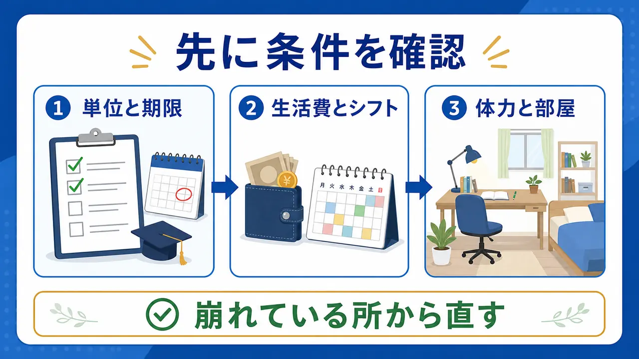 一人暮らしの大学生が勉強を立て直す前に単位、生活費、体力、部屋を確認する図
