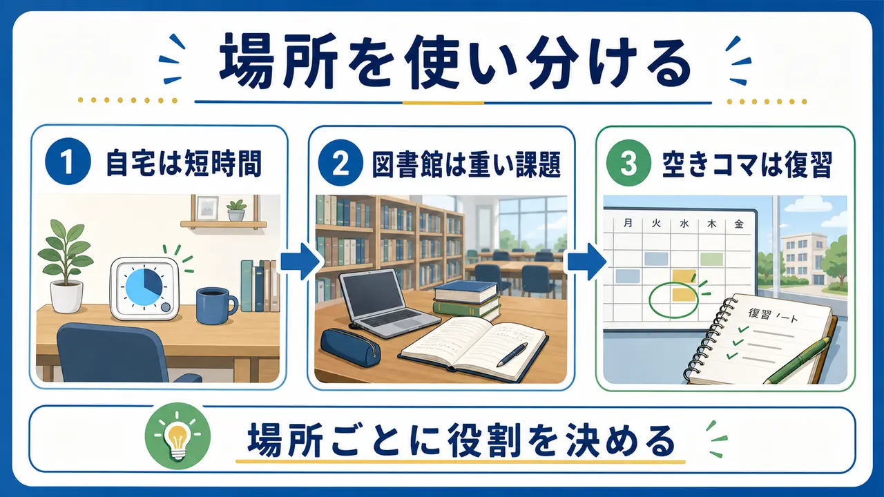 大学生が自宅、図書館、空きコマを使い分けて勉強する図