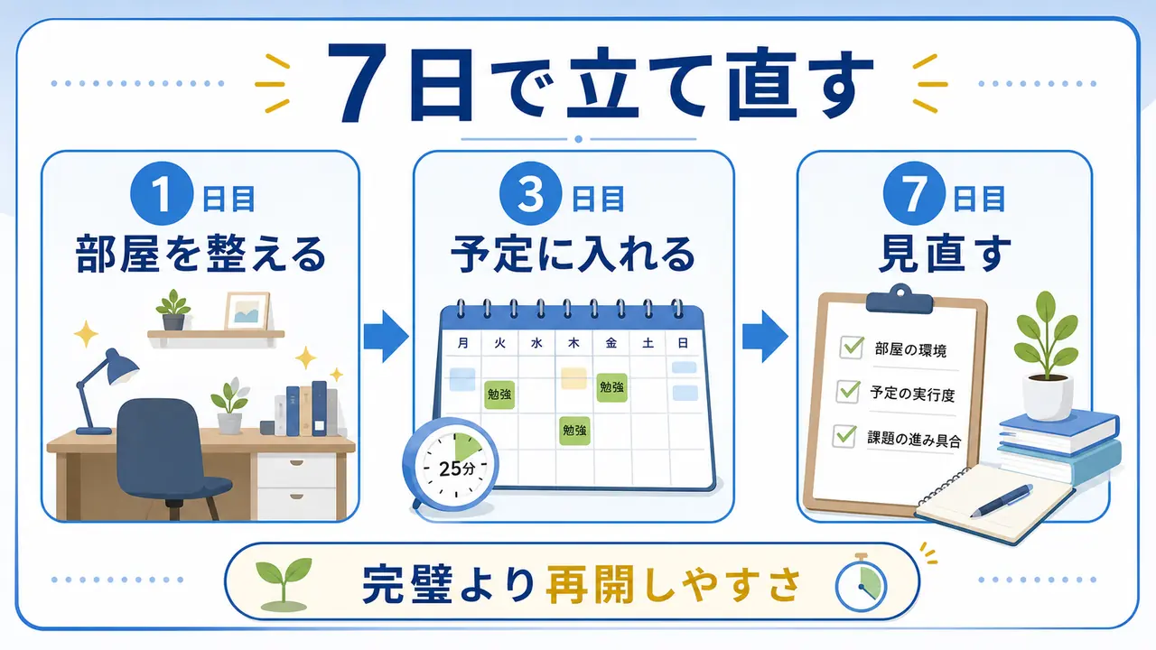 一人暮らしの大学生が7日間で学習習慣を立て直す手順