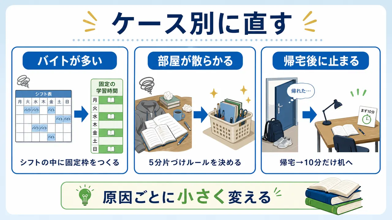 アルバイトが多い、部屋が散らかる、帰宅後に動けない大学生のケース別対策