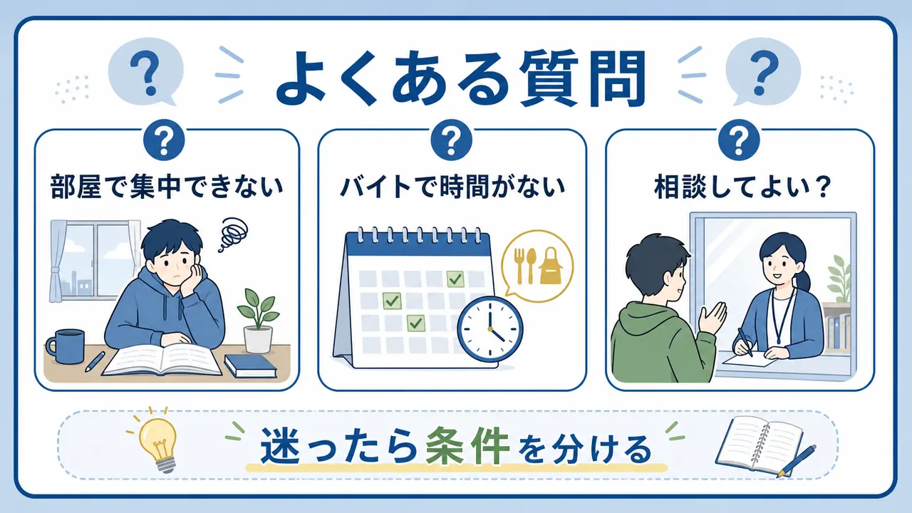 一人暮らしで勉強できない大学生のよくある質問を整理する図