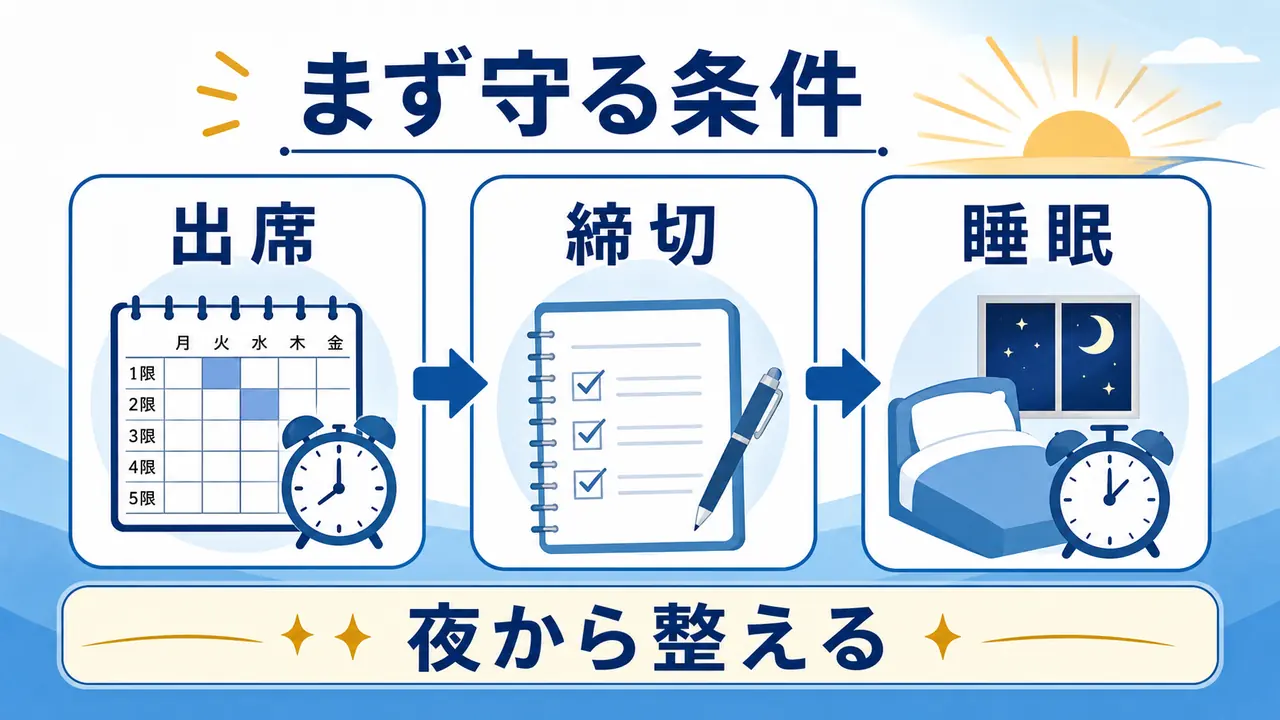 大学生が朝起きられないときに出席、締切、睡眠を先に確認する図