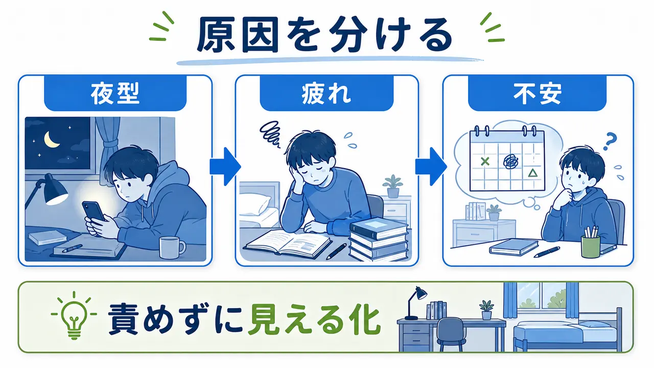 大学生が朝起きられない原因を夜型、疲れ、不安に分けて考える図